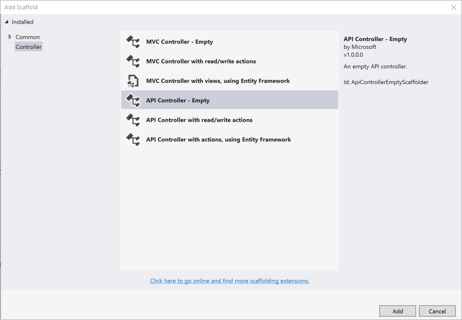 Creating an empty API controller