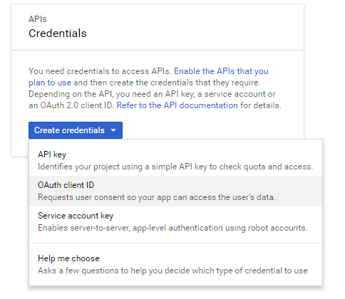 Selection to create an OAuth client ID