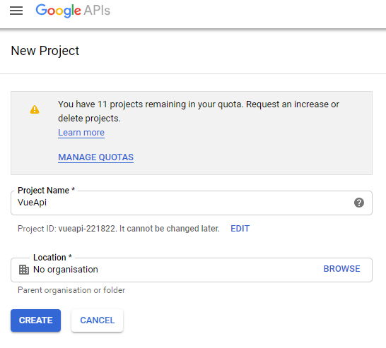 new Google API project